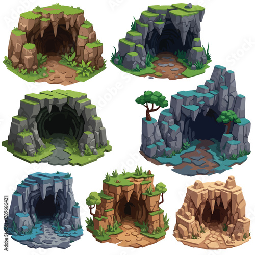 Collection of fantasy cave entrances and rock formations