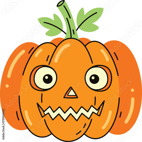 Foto A retro, cartoon-style jack-o'-lantern with a bright orange body, featuring a shocked or wide-eyed expression with large circular eyes and a jagged, zigzag-patterned mouth