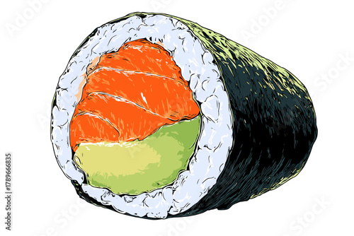 Close-up Hand-Drawn Sushi Roll with Salmon and Avocado Fillings
