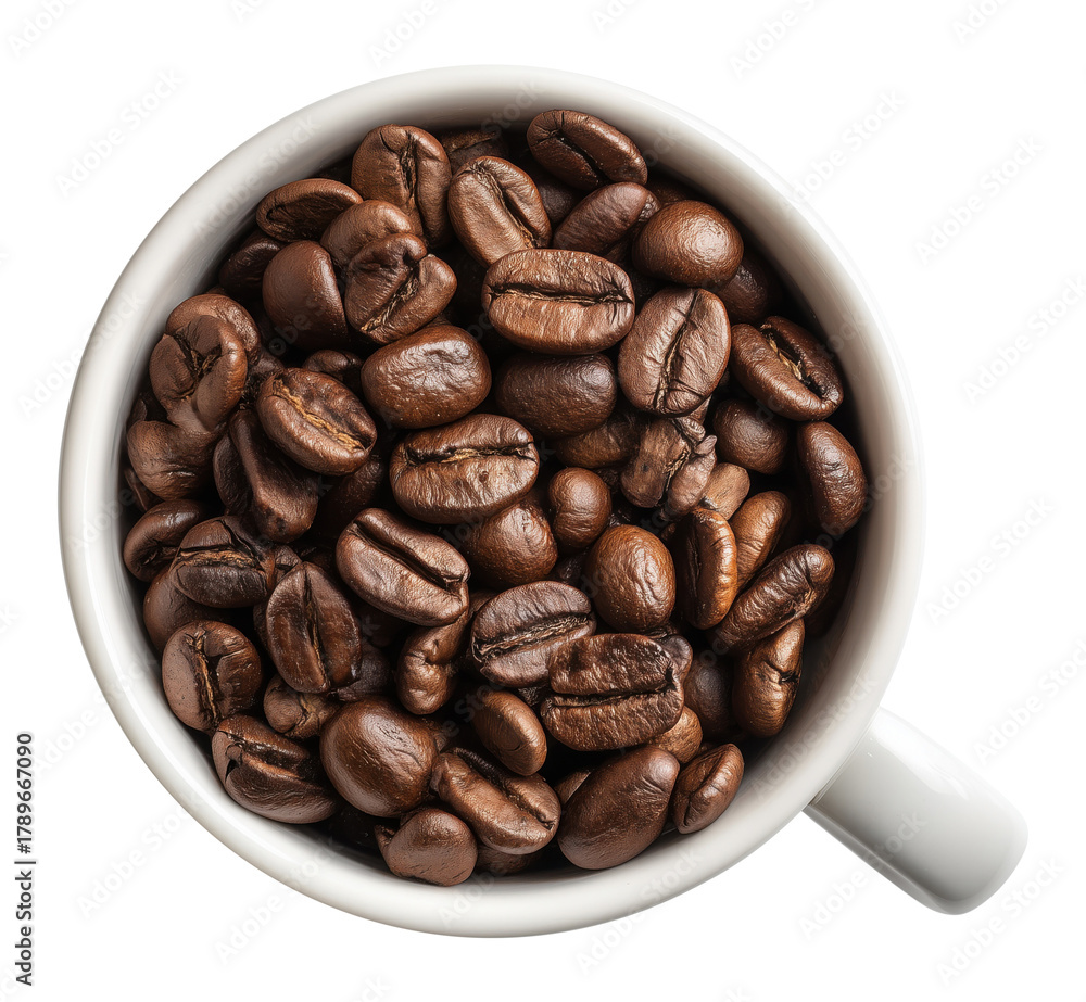 Naklejka premium White coffee cup filled with roasted coffee beans, top view, isolated on transparent background