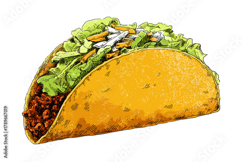 Hand-Drawn Hard-Shell Taco with Beef, Lettuce, and Cheese Filling