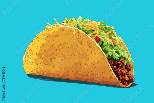 Hard-Shell Beef Taco with Lettuce, Cheese, and Toppings Vector Illustration