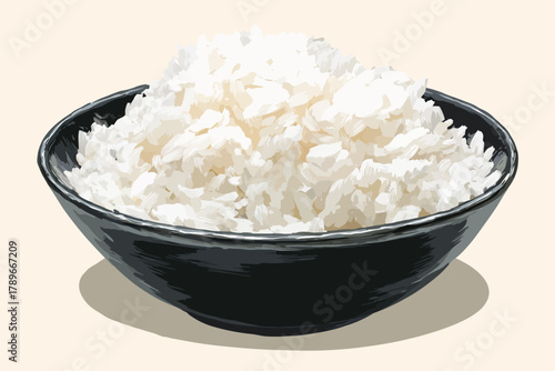 Hot Cooked White Rice in a Black Bowl Vector Illustration
