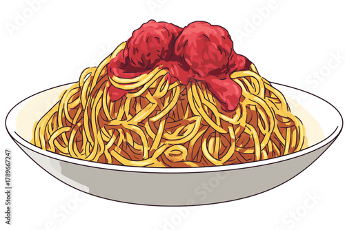 Hand-Drawn Illustration of Classic Spaghetti and Meatballs with Red Tomato Sauce on a Plate