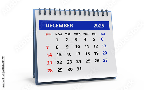 Standing Desk blue Calendar December 2025. Business monthly calendar with metal spiral-bound, the week starts on Sunday.	