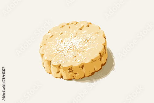 Hand-Drawn Illustration of a Round Shortbread Cookie Topped with Powdered Sugar
