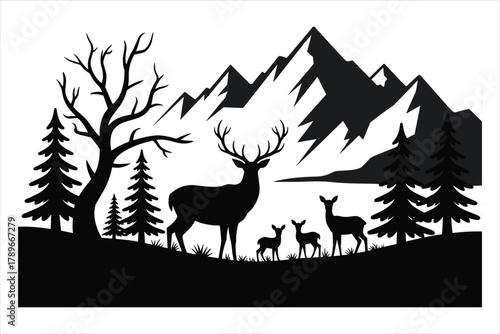 Deer Family Mountain Forest Silhouette