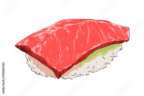 Hand-Drawn Sketch Illustration of Fresh Tuna Nigiri Sushi Piece with Wasabi and Rice