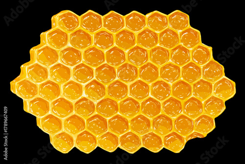 Realistic Vector Illustration of Intact Golden Honeycomb Structure Against a Dark Black Background