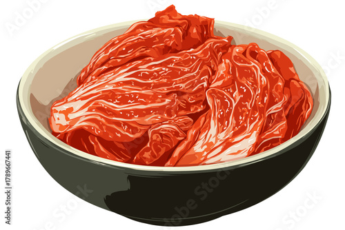 Realistic Vector Illustration of Vibrant Red Cabbage Kimchi in a Black Serving Bowl