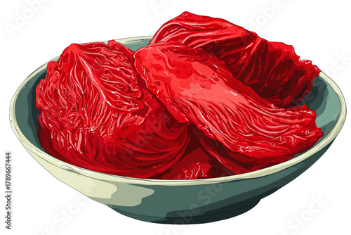 Hand-Drawn Illustration of Spicy Red Napa Cabbage Kimchi in a Traditional Bowl