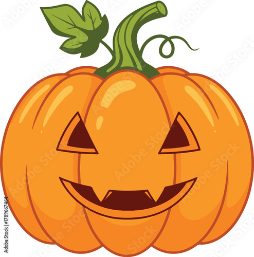 A classic, grinning jack-o'-lantern with triangular eyes and a wide mouth featuring small, pointed fang teeth, topped with a green stem and leaf.