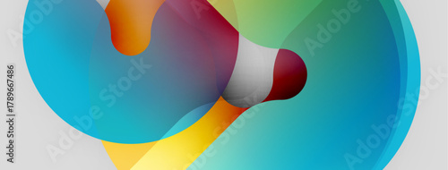 Abstract fluid shapes overlap, creating vibrant color blends. Composition feels dynamic, modern, visually engaging.