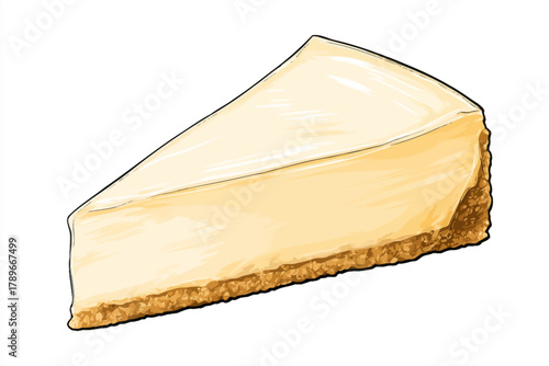 Hand-Drawn Illustration of Classic New York Cheesecake Slice with Crumb Crust Isolated on White