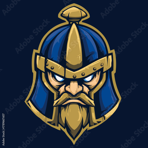 Fierce Nordic Viking Warrior Head Vector Mascot with Blue Helmet, Golden Beard, and Glowing Eyes