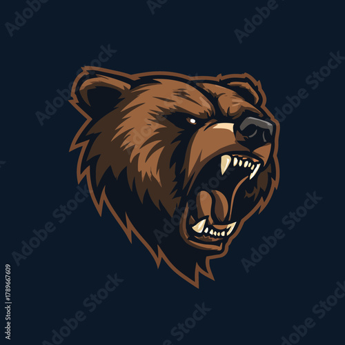 Aggressive Roaring Grizzly Bear Head Vector Mascot Illustration with Fangs and Dark Background