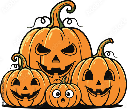 A group of four stylized Halloween jack-o'-lanterns of various sizes, displaying different expressions ranging from menacing and evil to happy and surprised.