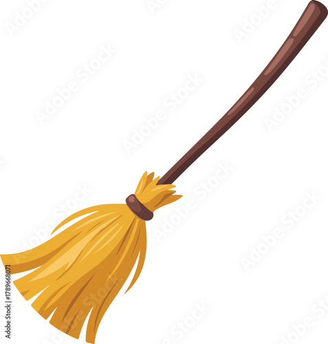 Classic wooden broom vector illustration featuring a long brown handle and golden straw bristles