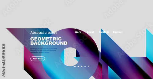 Website mockup displays abstract geometric background. Navigation includes work, about, portfolio, contact options. Red button visible.