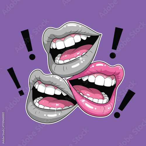 Three mouths speaking and laughing with exclamation marks