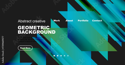 Modern website mockup features geometric shapes, vibrant colors, text elements. Design promotes creativity, portfolio presentation.