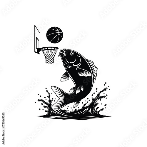 Carp Fish is Playing Basketball Black Vector Silhouette Design for Sport Logo