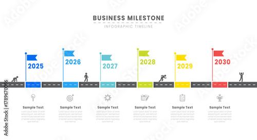 Business infographic roadmap timeline with 6 milestones elements, Important Events annual business presentation vector.