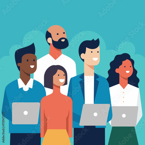 Group of diverse professionals looking up optimistically with a laptop vector on different color background.