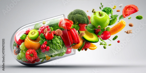 Vitamin Capsule Filled with Fresh Fruits and Vegetables Concept Nutrition