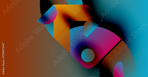 Abstract shapes blend vibrant colors. Orange, teal, pink hues create dynamic composition. Smooth gradients define forms, suggesting movement.