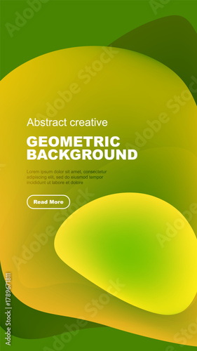 Bright geometric background features overlapping shapes, gradients. Text reads abstract creative, plus sample lorem ipsum text, button.