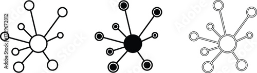Hub and spoke network connection icon set, central database and data sharing vector illustration for web, app, and technology design on transparent background.