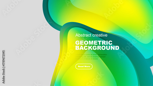 Fluid shapes, vibrant colors create modern geometric background. Text invites further exploration. Bright, dynamic composition.