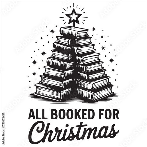 Funny Christmas Book Tree Svg, Book Lovers Svg, Book Lover Shirt Design Svg, Cricut Christmas Tree Svg Black And White Print, Commercial Use
