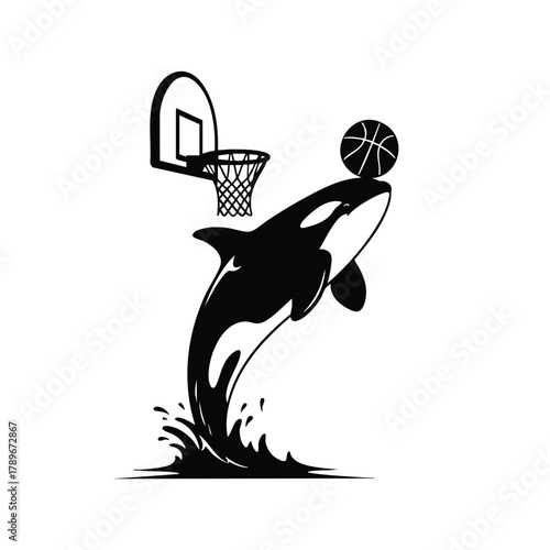 Orca playing basketball in ocean vector illustration with killer whale scoring