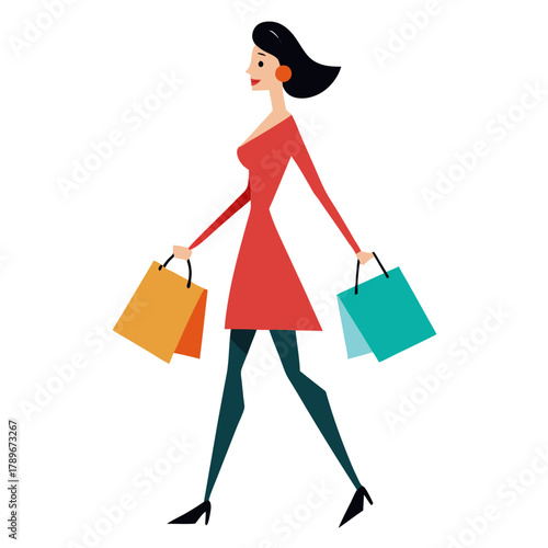 Stylish woman in high heels carries multiple shopping bags while walking vector on white background.