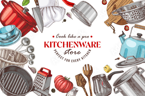 Kitchen utensils vector sketched banner