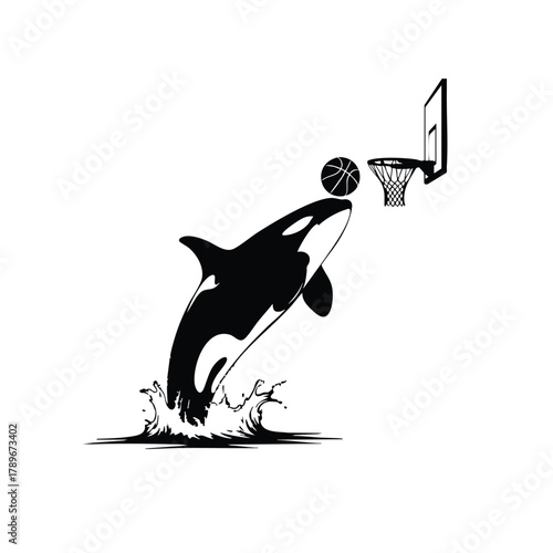 Orca playing basketball jumping out of water vector design silhouette exactly 100 letters