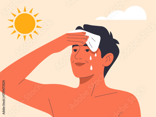 This image shows a man wiping sweat from his forehead under bright sunlight, capturing the essence of warmth, effort, and the challenges posed by hot weather conditions.