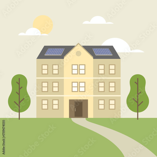 This minimalist illustration portrays a modern house featuring solar panels, surrounded by trees and a pathway, highlighting sustainability and contemporary design.