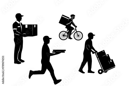 Black silhouette vectors showing people at work delivery person