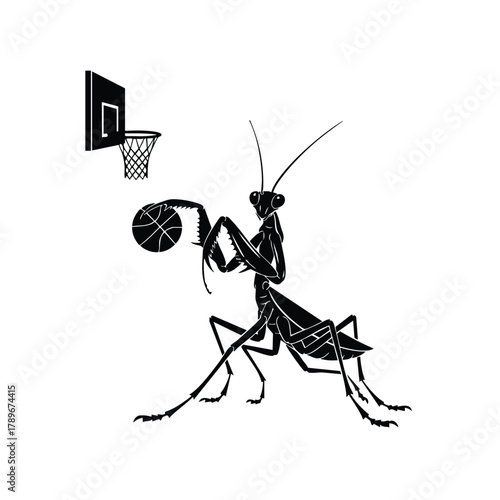 Praying mantis playing basketball vector illustration with insect having fun sport