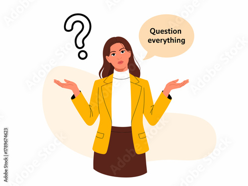 This image features a young woman in a bright yellow blazer expressing uncertainty, inviting viewers to reflect on the importance of questioning the world around them.