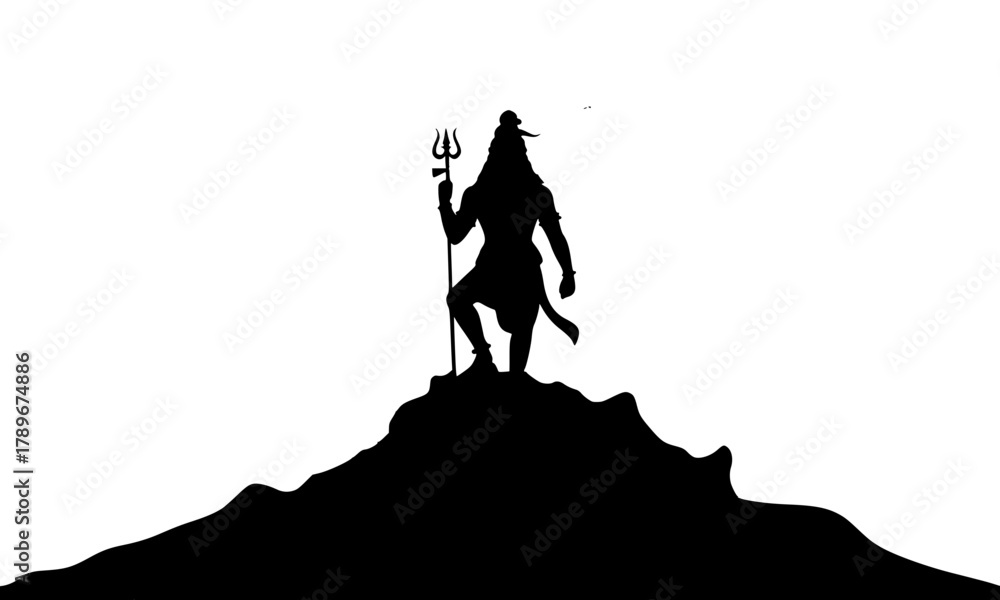 Obraz premium Lord Shiva (Mahadev) Black Silhouette Standing on Mountain Peak, Holding Trishula, Minimalist Hindu God Vector Icon, Spiritual and Meditative Graphic