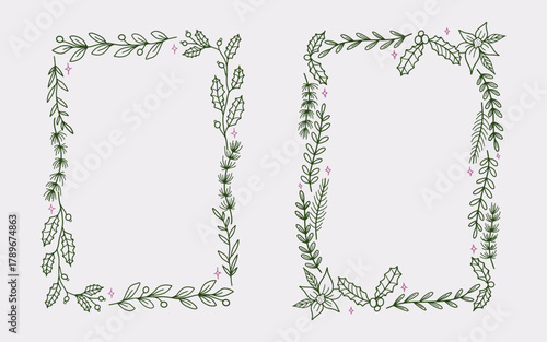 Christmas border frame line art style with branches winter floral element. Minimalist christmas vintage frame perfect for invitation, poster, card, or cover.