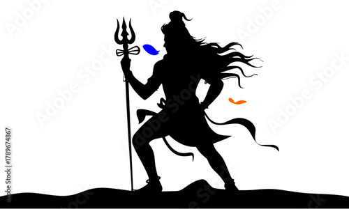 Dynamic Lord Shiva (Mahadev) Silhouette Standing with Trident (Trishula), Black Hindu God Vector Icon, Spiritual Strength and Destroyer Symbol on White Background