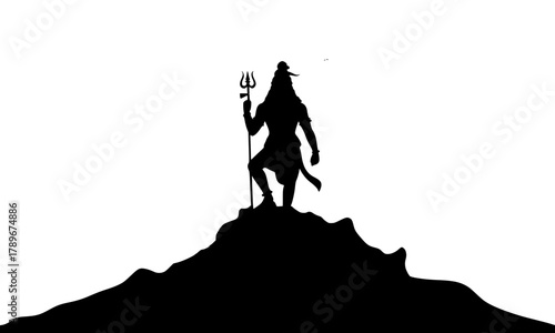 Lord Shiva (Mahadev) Black Silhouette Standing on Mountain Peak, Holding Trishula, Minimalist Hindu God Vector Icon, Spiritual and Meditative Graphic