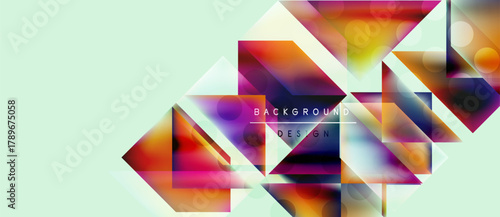 Abstract geometric shapes overlap, creating vibrant color gradients. Light effects enhance visual complexity, set against pale green backdrop.