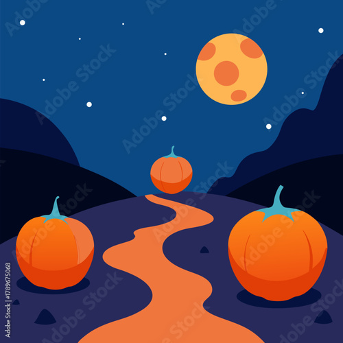 Orange pumpkins floating down a gentle stream through a dark rocky cave with a starry night sky vector landscape background.