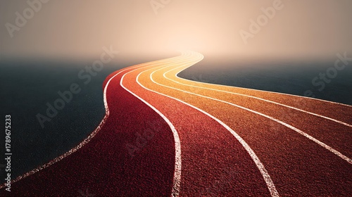 Closeup of Orange and Red Running Track Stretching to Misty Horizon